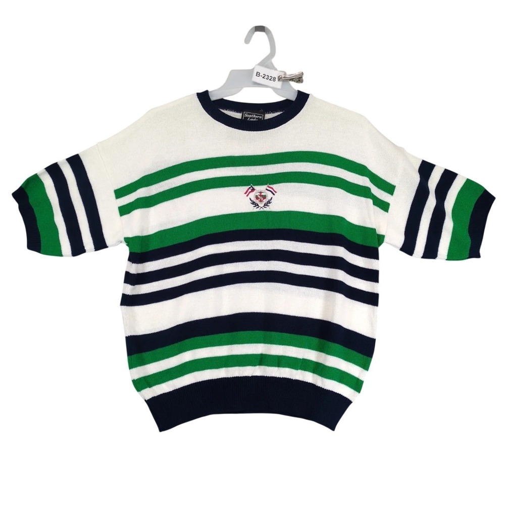 Vintage 90s Southern Lady Navy Green Striped Pullover Sweater Womens L Nautical